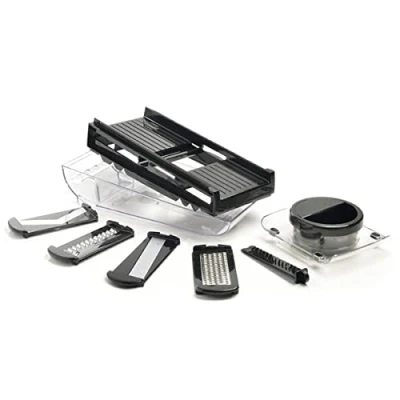 Image de Mastrad Mandoline avec Réservoir 2 Râpes et 3 Lames Acier Inoxydable Facile D’Utilisation Confort &amp; Sécurité 1 Poussoir Garde Coloris Noir F21080