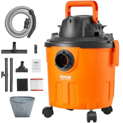 Image de VEVOR aspirateur eau et poussière 18 L, d&#039;atelier sec humide portable léger, 6 CV max, aspiration soufflerie efficaces avec buse, roulettes, pour tapis, débris, poils d&#039;animaux, orange
