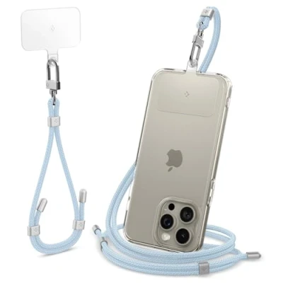 Image de Spigen [2 Pièces Cordon pour Telephone Portable Lanière Tour de Cou Poignée Corps avec Patch d&#039;attache Porte clés Bleu Muet