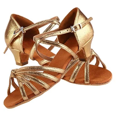 Image de Chaussure de Danse, Chaussures Danse Latine Fille, Salon Femmes, Salsa Salle Bal, Latines Confortables et Douces en PU (32 Or)
