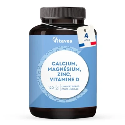 Image de Calcium, Magnésium, Zinc, Vitamine D3 Confort Os et Muscles Complexe santé osseuse, énergie immunité 120 Comprimés Avec Cuivre, Manganèse, Sélénium Fabriqué en France Vitavea