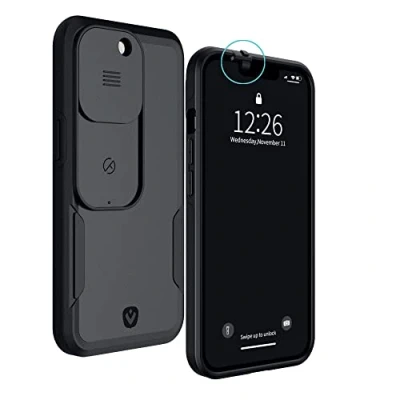Image de Spy Fy Coque de Protection pour iPhone 13 Pro Max avec Cache caméra coulissante Avant et arrière Protégez Votre Vie privée Contre Les Chutes 2 m Noir Mat Valenta