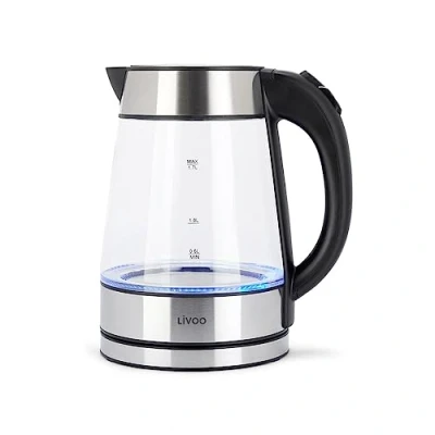 Image de Livoo Bouilloire en verre acier inoxydable et borosilicate, 1,7 L, 2200 W, rétro éclairage bleu
