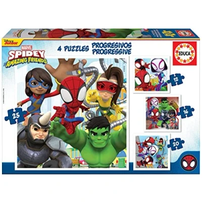 Image de Educa Spidey progressif et Ses Amis étonnants 12 16 20 25, 4 Puzzles en Carton avec 25 pièces, Mesure approximative de Chaque Puzzle: x cm, À partir 3 Ans (19295)
