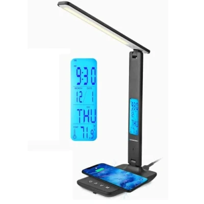 Image de Blaupunkt Lampe Bureau LED avec Chargeur Sans Fil, Port Chargement USB, Table à Gradation 5 Modes Couleurs, Bras Réglable, Lecture, Affichage LCD, Noir Régulier