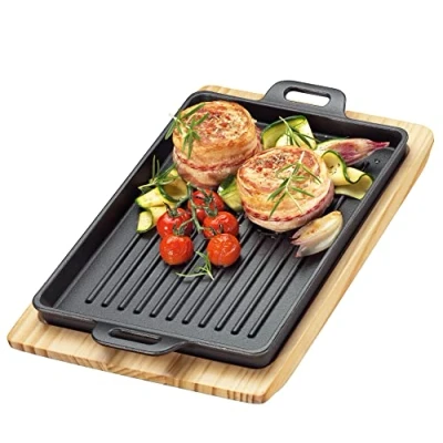 Image de Küchenprofi BBQ 0305351026 Poêle à griller carrée en fonte rainurée sur planche bois 32 x 22 3,5 cm Pour tous types de feux dont induction