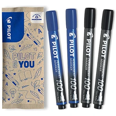 Image de PILOT Pochette de 4 SCA 100 Marqueurs indélébiles tout support Encre indélébile très couvrante et résistante 2 noirs, bleus permanents à pointe conique fine 4,5 mm