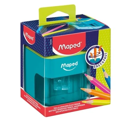 Image de Maped Taille Crayon électrique à piles 1 trou Diamètre Standard 6 8 mm Taillage automatique et rapide Avec réservoir Bicolore