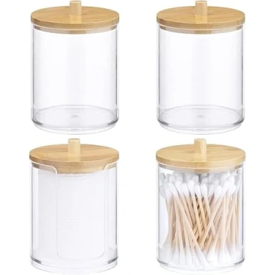 Image de Navaris Porte Coton Lot 4X Distributeur de Tige Boule 7 x 10 cm avec Couvercle Bambou Boîte Rangement Salle Bain Chambre