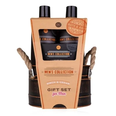 Image de Accentra Coffret cadeau MEN&#039;S COLLECTION dans un seau en tôle + 300 ml de nettoyant pour le corps, shampooing ml, savon 100 g, éponge filet 15 parfum bouleau et cèdre marron