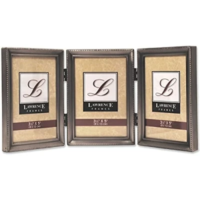 Image de Lawrence Frames 11535T, cadre photo triple, à charnière en étain antique, bord perlé, 7,6 x 12,7 cm