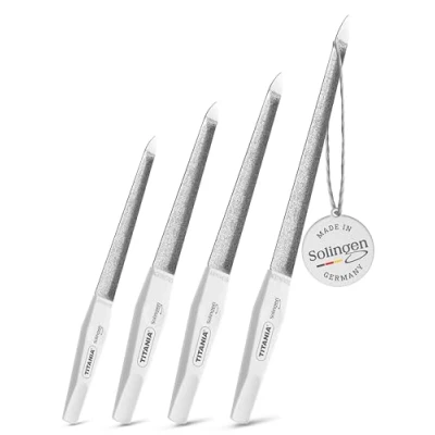 Image de TITANIA® Solingen Lot de 4 Limes à ongles saphir doublement courbées (12/15/17/20 cm) professionnelles avec manche blanc S’adapte la forme naturelle l’ongle Pour manucure et pédicure