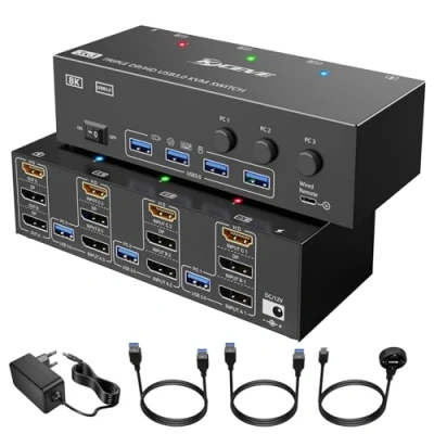 Image de commutateur KVM 3 ordinateurs moniteurs, HDMI + DisplayPort USB 3.0, triple moniteur 8K @ 30Hz/4k 144Hz, L&#039;ordinateur a besoin de 2 ports DP 1 port