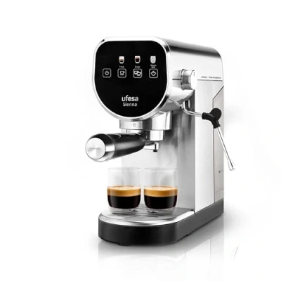 Image de UFESA Sienna Machine à Café Expresso et Cappuccino 20 Bars, Écran Tactile Digital, 1360W, Buse de mousse lait, 0.9L, Moulu Monodose ESE, avec Steamer, Fonction Chauffe Tasses, Inox