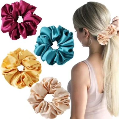 Image de Lot de 4 grands chouchous géants en satin pour femme, sans dommages, dormir, cheveux bouclés, extra larges épais,