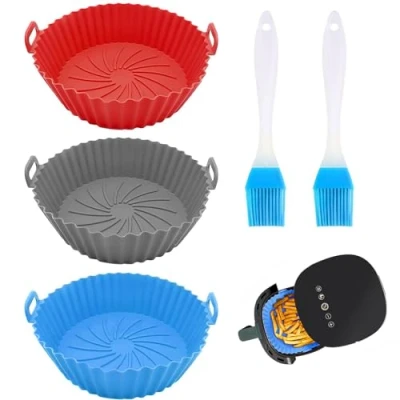 Image de VireEyU Pack de 3 moules en silicone pour friteuse à air chaud, 17,5 cm, inclut 2 pinceaux huile, revêtements réutilisables friteuse, accessoires cuisson four et micro ondes