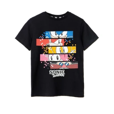 Image de Sonic The Hedgehog T shirt Noir pour garçon Design imprimé signe pixel Produit authentique confortable les amateurs de jeux, , 7 8 ans
