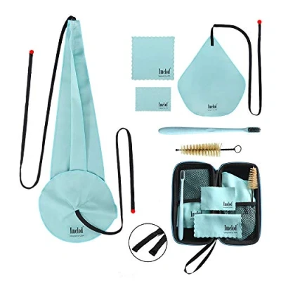 Image de Imelod Kit de nettoyage saxophone avec étui pour flûte clarinette alto ténor et autres instruments à vent bois, y compris chiffon Sax, brosse d&#039;embouchure(Bleu Clair)