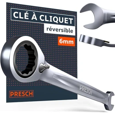 Image de PRESCH Clé à cliquet réversible 6mm Angle de reprise minimal (5, 72 dents) Déport 15 pour les zones étroites plate robuste usinée avec précision