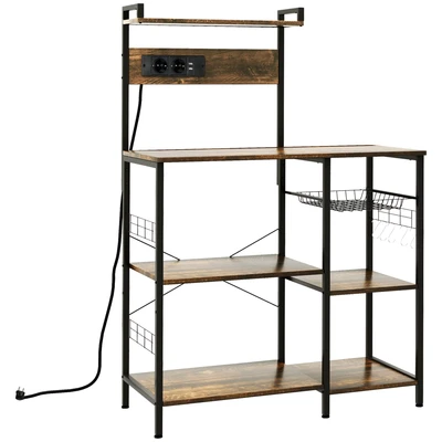 Image de HOMCOM Étagere Cuisine Meuble Micro Onde étagère Rangement Style Industriel avec Prise de Courant, Chargeur USB, étagères, 5 Crochets et Panier en Maille, 90 x 42 130 cm Marron Rustique
