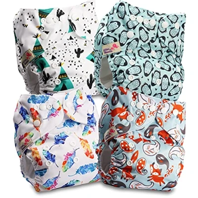 Image de Littles &amp; Bloomz Lot de 4 Bébé Couches Réutilisables en Tissu Couche Lavable à Poche avec Bouton Pression, FLP2 0407