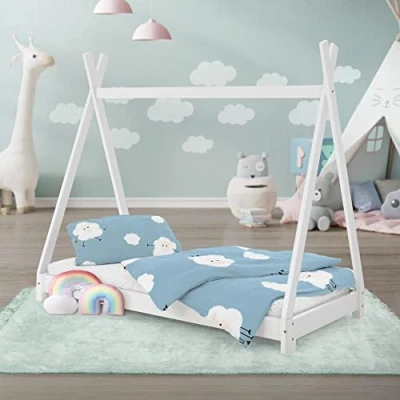 Image de ML Design Lit d&#039;enfant Tipi 70 x 140 cm Blanc avec Matelas à Mousse Froide Hypoallergénique et Sommier Lattes, Housse Amovible Respirant Lavable, Cadre de Style Indien en Bois Pin Massif