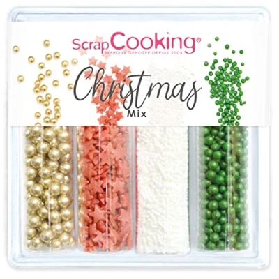 Image de ScrapCooking Décors Sucrés « Xmas Mix » 70 g Assortiment 4 Variétés : Perles Dorées, Billes Vertes, Étoiles Rouges, Vermicelles Blancs Décorations Bûche, Gâteau, Cupcakes, Déco Table Noël 7520