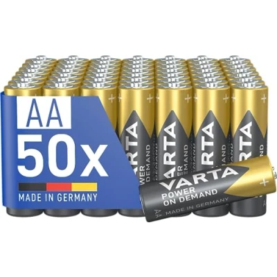 Image de VARTA Piles AA, lot de 50, Power on Demand, Alcalines, 1,5V, pack stockage, pour accessoires informatiques, smart home, lampes poche, Made in Germany