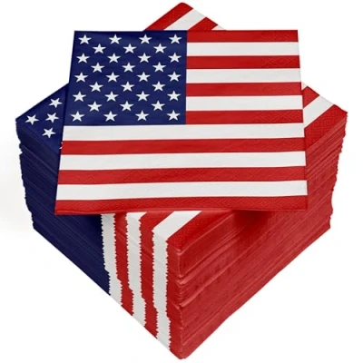 Image de HEKU Lot de 100 serviettes en papier triple épaisseur, 33 x cm, avec étoiles et rayures, absorbantes emballées manière pratique, idéales pour les occasions spéciales