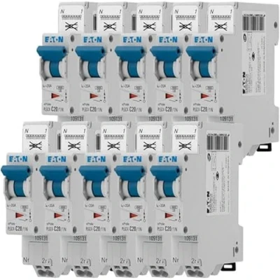Image de EATON 109131 PLGC4 C20/1N DISJONCTEUR MODULAIRE PH/N Blanc MANETTE BLEUE 1P+N / 20 A COURBE C Raccordement direct sans vis 10 disjoncteurs