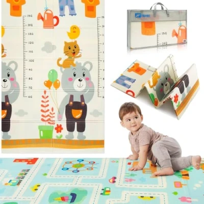 Image de tapis de jeu pour bébé HUMBI, d&#039;éveil, mousse XPE, double face, flatbar, imperméable, taille extra, bébé, antidérapant, 120x180 (Mesure, Chats, Routes)