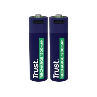 Image de Trust Piles AA Rechargeables USB C Lot de 2, Port Intégré, Accu Haute Capacité 1700 mAh, Aucun Chargeur Batterie Nécessaire, Charger Via Téléphone/Câble USB, 2PCS