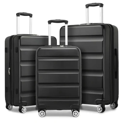Image de Kono 3 pièces Set de Bagages à Coque Dure PC+ABS Poignée Extensible Trolley Voyage Léger avec Roues Pivotantes 360 Verrouillage TSA, Noir