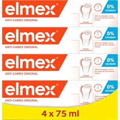Image de Elmex Dentifrice Anti Caries Original 0 % Colorants Dents Sensibles, Gencives Douloureuses, Protection de l&#039;Email 75 ml Pack 4