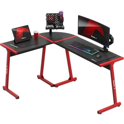 Image de huzaro Hero 6.0 Bureau d&#039;angle Forme de L Poste Gamer Montage Droite et Gauche Plateau en Carbone 147x112cm Design Ergonomique Construction Solide Rouge