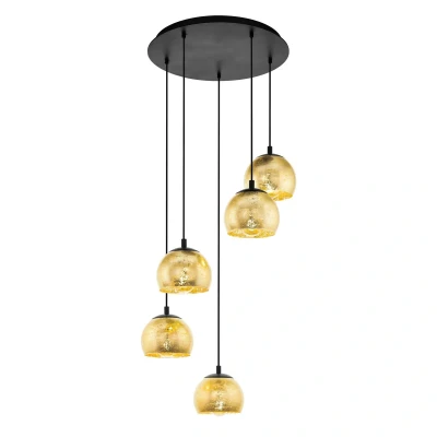 Image de Eglo Suspension luminaire Alabraccin, lampe de plafond suspendue à 5 flammes, grappe pendentifs, lustre salon ou salle manger en métal noir et verre doré, douille E27, Ø 58,5 cm