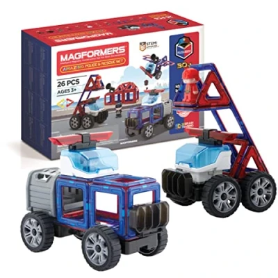 Image de Magformers Amazing Police and Rescue Magnetic Building Blocks Tile Toy. Makes Cars Buildings in A Theme. STEM Toy for Children Aged 4+. with Character Car.