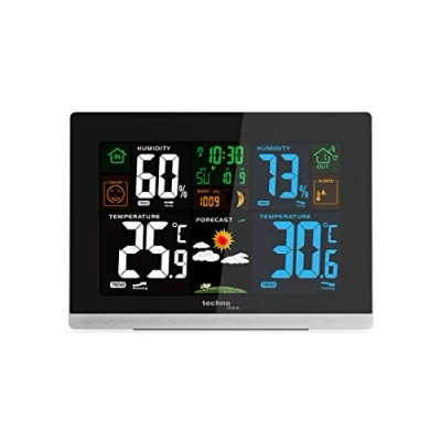 Image de Technoline WS 6462 Station Météo Radio Pilotée avec Température Intérieure et Extérieure, Humidification, Affichage de la Tendance du Point Plongée Couleur, Horloge Radio,Noir Brillant