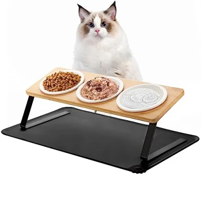 Image de Lannvan Gamelle Chat, Chat Surélevée, 3 Bols Ceramique de Nourriture mit Tapis pour avec Support 15 Inclinéé, Chien Chats et Petits Chiens