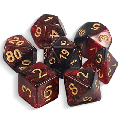 Image de QMAY DND Lot de 7 dés polyédriques pour Donjons et Dragons MTG RPG D&amp;D D20, D12, D10, D%, D8, D6, D4 (Rouge Mélangé au Noir + Paillettes)