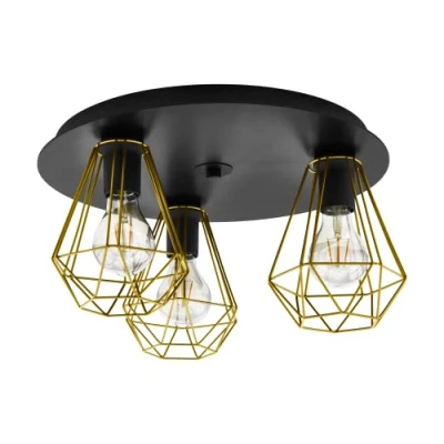 Image de Eglo Plafonnier Tarbes 2 Ã 3 Flammes, Luminaire En Métal Noir Et Laiton, Lampe De Plafond Pour Salon, Chambre Coucher Couloir, Douille E27, Ã˜ 45