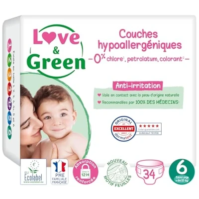 Image de Love &amp; Green couches Bébé Saines et Ecologiques Taille 6 (15+ kg) 34 Absorbante, anti fuites sans ingrédients indésirables