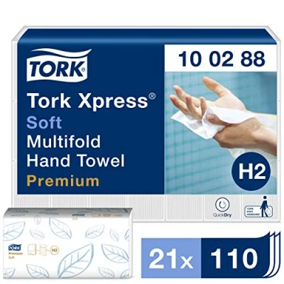 Image de Tork Xpress Essuie mains interfoliés doux 100288 Papiers d&#039;essuyage pliés en M qualité Premium pour Distributeur H2 Haute absorption 2 plis blanc 21 x 110 feuilles