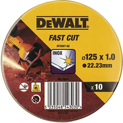 Image de DEWALT Coffret de 10 Disques pour Meuleuse Dimensions 125 mm x 1 Matériau Disque Robuste en Étain Acier Inoxydable Convient une Utilisation Professionnelle, DT3507 QZ