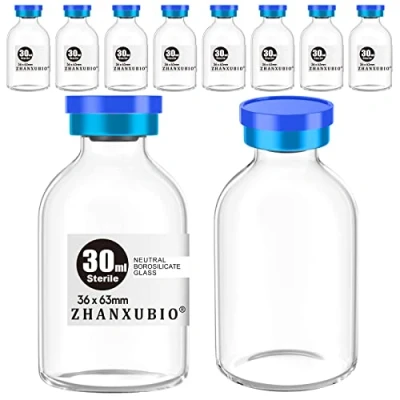 Image de ZHANXUBIO Lot de 10 flacons vides stériles avec port d&#039;injection auto cicatrisant et bouchon en plastique aluminium, emballage stérile (30 ml transparent)