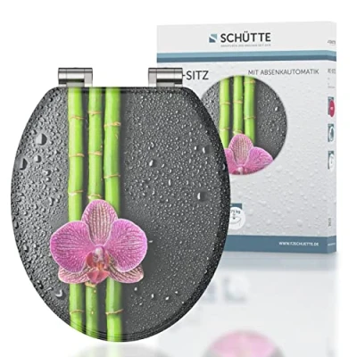 Image de Schütte ASIA 80121, Abattant WC avec noyau en bois (MDF) et système d&#039;abaissement automatique, motif de fleurs imprimé sur 3 faces, compatible toutes les cuvettes standard