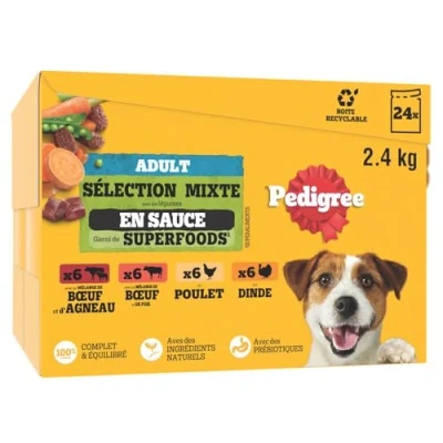 Image de PEDIGREE Repas 48 Sachets Fraîcheur (Lot de 2 Packs 24x100g) Pâtée pour Chien en Sauce à la Dinde / Poulet Boeuf Agneau Nourriture Equilibrée avec des Ingrédients Naturels