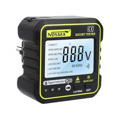 Image de NOYAFA Testeur de prises avec test RCD et affichage LCD la tension, 6 types diagnostics d&#039;erreurs, tension fuite du courant, FI, 90 250V/50 60Hz