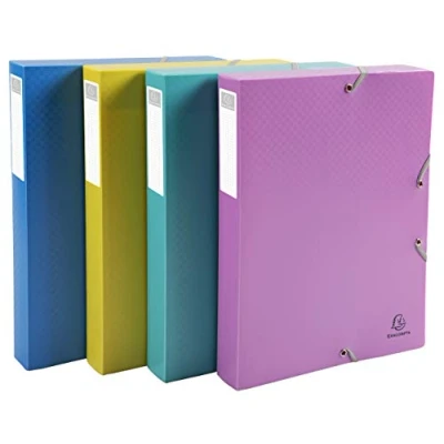 Image de Exacompta Réf 59190E Lot de 4 boites classement dos 40mm fermeture par élastiques en polypro opaque Forever Young 25x33cm pour format A4 couleurs assorties bleu, fuchsia, jaune, turquoise