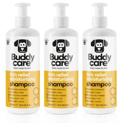 Image de Shampoo Hydratant Anti Démangeaisons pour Chien par Buddycare Shampooing Nettoyant en Profondeur Parfum Lait &amp; Miel À l’Aloe Vera et Pro Vitamine B5 (500 ML x3)